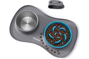 MateeyLife Set de Gamelle Chien 3 en 1, Gamelle Anti Glouton et Eau en Acier Inoxydable avec Tapis Anti-Dérapant en Silicone, Bols pour Chats et Chiots pour Races Petites, Moyennes et Grandes