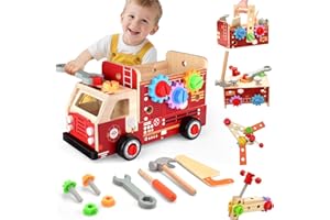 Nauotk Cassetta Attrezzi in Legno, 2 in 1 Camion dei Pompieri con Cassetta Attrezzi Bambini, Attrezzi da Lavoro Giocattolo Bambini,Gioco d’Imitazione, Giocattoli Montessori Ragazzo Ragazza 2 3 4 Anni
