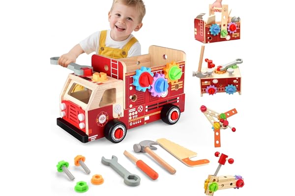 Nauotk Jouet en Bois Outil Enfant, Camion de Pompier en Bois 2 en 1 et Boite a Outils Enfant, Montessori Jeux avec 46 Pièces, Outils et établis Cadeau Garcon Fille 2 3 4 5 Ans