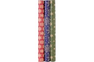 HBell Rotoli di carta da regalo natalizia, 3 rotoli di carta da regalo con fiocchi di neve, 44 cm x 3 m, rotolo di carta da regalo natalizia per Natale, feste, decorazioni natalizie
