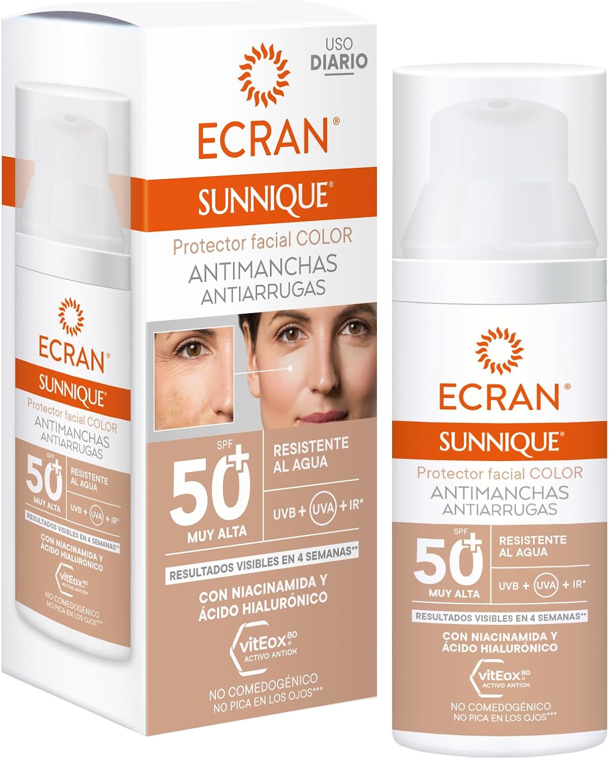 ECRAN SUNNIQUE – Protector Facial SPF 50+ Antimanchas Antiarrugas con Color, con Niacinamida y Ácido Hialuronico, Despigmenta y Unifica el Tono, Fórmula con VitEox80 - 50 ml