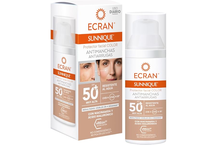 ECRAN SUNNIQUE – Protector Facial SPF 50+ Antimanchas Antiarrugas con Color, con Niacinamida y Ácido Hialuronico, Despigmenta