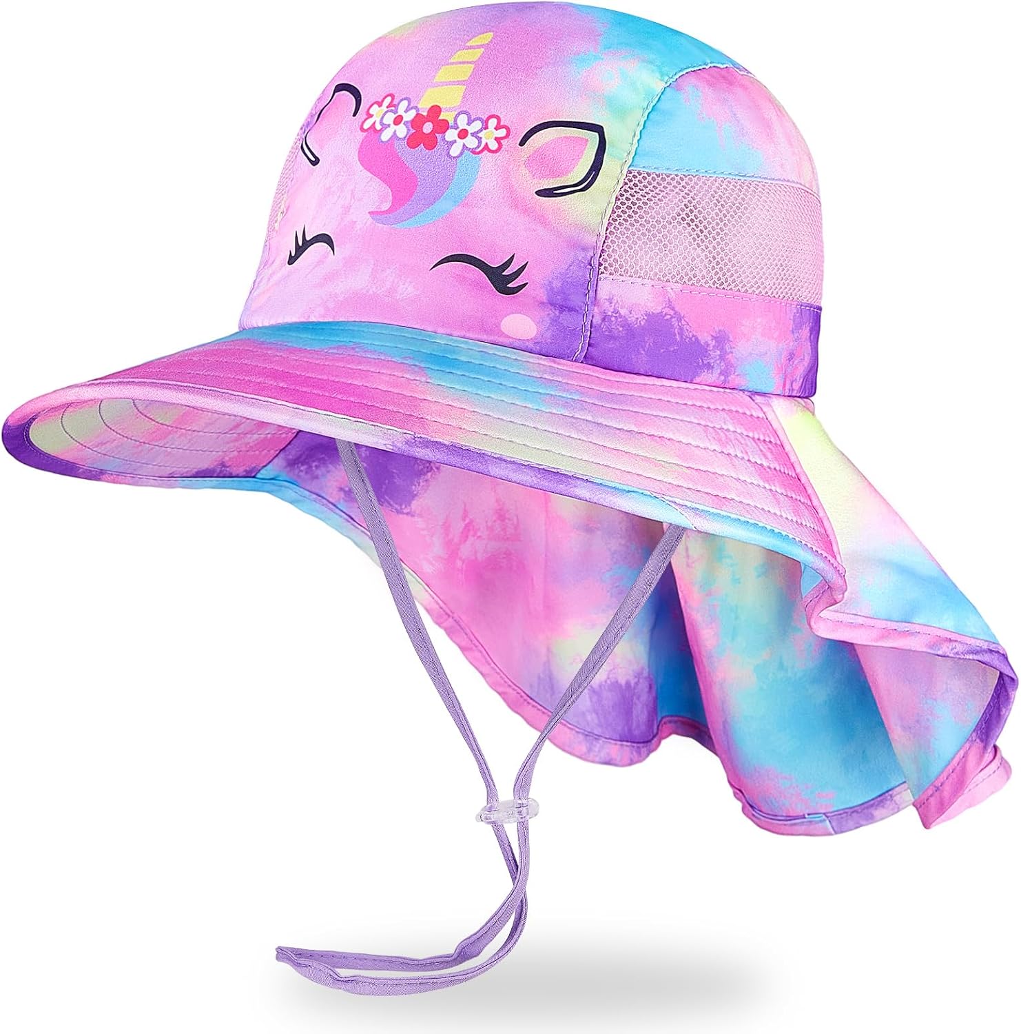 MHJY Kids Sun Hat Girls UV Protection Summer Hats Adjustable Beach Cap Unicorn Bucket Hats with Wide Brim Neck Flap for Toddlers 2-9 Years