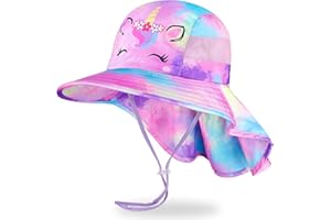 MHJY Sombrero de Sol para Niñas Protección UV Verano Ajustable Gorro de Playa Sombrero Unicornio con ala Ancha y Solapa para el Cuello para Niños de 2 a 9 Años