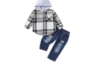 Momkonzz Baby Boy Clothes Toddler Boys Outfits Infant Long Sleeve Hoodies Plaid Tops Denim 6 Months-4Years