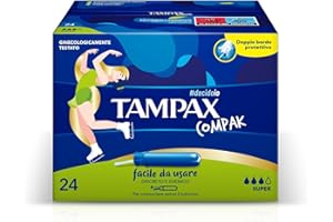 Tampax Compak Super, 24 assorbenti interni in un pratico formato tascabile con applicatore in plastica e sistema di protezione anti perdita. Ideale per flussi da medi ad abbondanti.