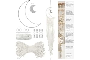 LEREATI Kit Macrame Luna, Kit Manualidades Adultos Atrapasueños Pared, Hechos a Mano Adorno Colgante Pared Hogar DIY Macrame Kit Incluye Hilo Macrame 3mm, Aro Luna, Cuentas (Natural)