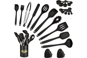 AOPOW Ustensiles de cuisine Résistance en silicone pour poêles - Lot de 24 assiettes de cuisine Set Spatule Accessoires Antiadhésif avec Cuillères Brosse Casserole à Soupe et Support Organisateur (23pcs)