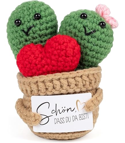 Pocket Hug Fröhlicher Kaktus - Gestrickte Puppe 11x7x6cm Mit Dankeskarte