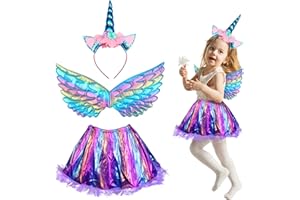 MEZOOM 3 Pezzi Costume Unicorno Bambina MEZZOM Gonna da Bambina Unicorna con Cerchietto Unicorno Vestito Tutu Gonna Ali Arcobaleno per Feste di Compleanno Servizio Fotografico Spettacoli Balletto