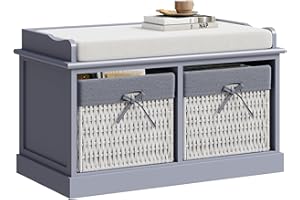 Warmiehomy Storage Bench with 2 Wicker Baskets, W76 D30 H46cm Full Assembled Storage Cabinet, Shoe Storage Hallway Bench with Cushion Bedroom Living Room, Blue-Grey