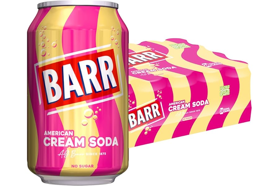 BARR 24 Pack American Cream Soda, Zero No Sugar Sparkling Soft Drink with a Creamy Taste of American Cream Soda Fizzy Pop, 24 x 330ml Cans