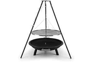 blumfeldt Arco Trino - Grill Suspendu, Brasero Robuste, Acier, Grill sur trépied, Surface de Cuisson de 70 cm de diamètre, Grande mobilité, Bords de sécurité - Noir