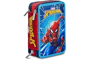 Seven School Pencil Case - Marvel - Spider Man Wall Crawler - 3 Organized Zip, Complete with Pencils, Pens, Markers, Official Product, Blue