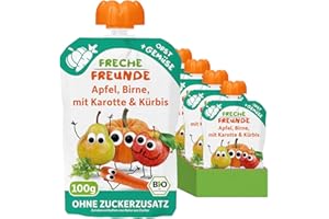 FRECHE FREUNDE Bio Quetschie Apfel, Birne, Karotte & Kürbis, Fruchtmus mit Gemüse im Quetschbeutel für Babys ab dem 6. Monat, vegan, 6er Pack (6 x 100g)