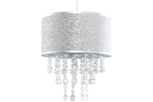 MiniSun | Modern Silver Glitter Ceiling Light Shade with Clear Acrylic Jewel Droplets | Pendant Lights, Home Décor & Improvement Essential | Includes 10W LED Bulb | 280mm Shade Width