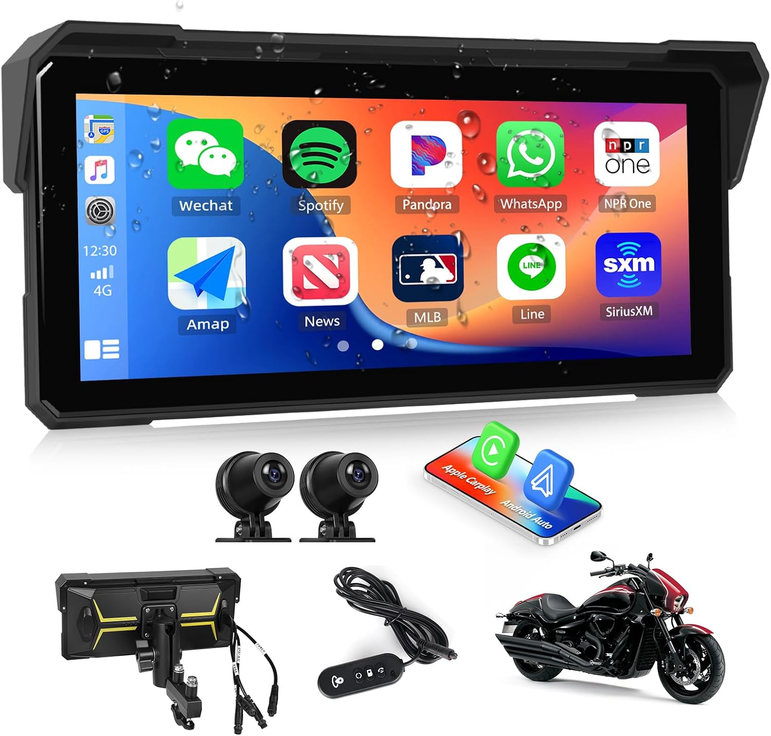 CAMECHO Motorrad CarPlay mit Dual-Kameras, 8.1 zoll HD Touchscreen für Moto mit Wireless CarPlay & Android Auto IPS 68 Bildschirm, Unterstützung Bluetooth, GPS, EQ, Helligkeitseinstellung