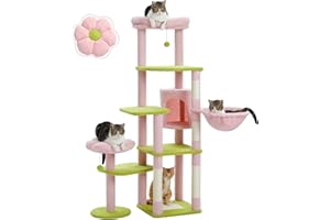 PETEPELA Kaktus drapak dla dużego kota, 150 cm, wielopoziomowa wieża dla kotów, domek dla kota z dużym hamakiem, drapak i 2 drążki do siedzenia, zielono-różowy