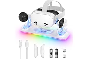 Ladestation für Meta Quest 3S/3, Kinwin Magnetische Ladestation für Oculus Quest 3S/3 Zubehör mit RGB Licht, Ladeständer für VR Headset und Controller mit 2 wiederaufladbaren Akkus