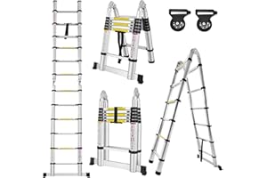 ‎FROADP Froadp 380cm Alu-Teleskopleiter Klappleiter, Multifunktion Anlegeleiter 12 Stufen, Sprossenleiter Gefaltete Höhe 87cm, Mehrzweckleiter Aluleiter Ausziehbar 150KG Belastbarkeit(Silber)