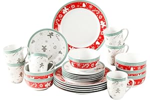 simpa 24PC Christmas Gingerbread Men Ceramic Porcelain Dinner Set. 6 Dinner Plates, 6 Side Plates, 6 Bowls & 6 Mugs. Dishwasher & Microwave Safe.