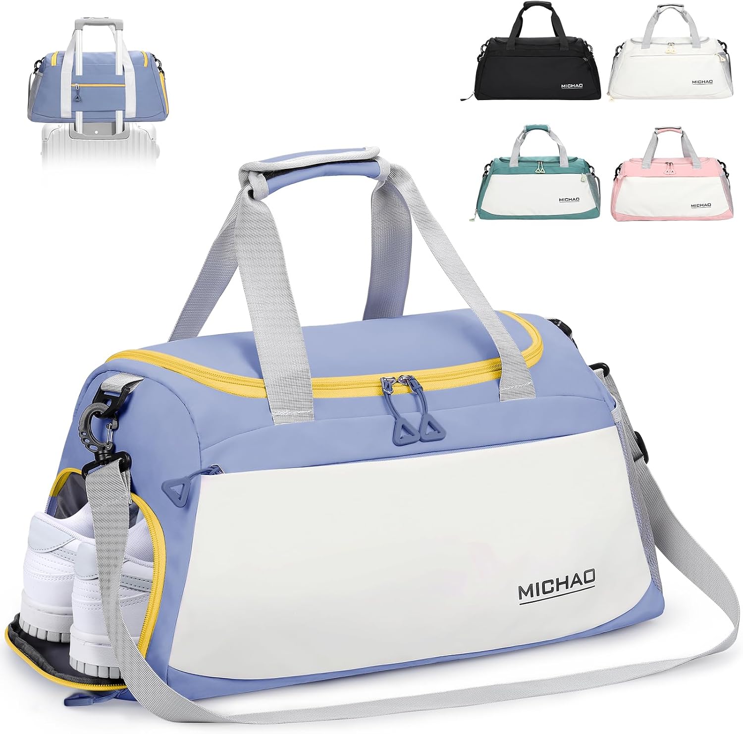 Damcyer Bolsa De Deporte, Bolsa Deporte Mujer para Mujer Grande con Compartimento Zapatos y Compartimento Mojado, Bolsa De Viaje Mochila Gimnasio, Blanco+Azul