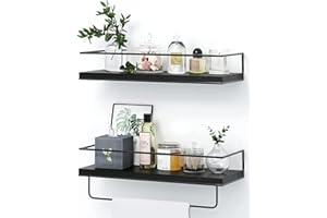 NUCAZA Black Floating Shelves Wall Mounted Set of 2 With 18kg Weight Capacity, Hanging Wall shelves for Bedroom, Kitchen, Bathroom, Living Room, Home Office, Storage Organiser - Solid Wood Shelf