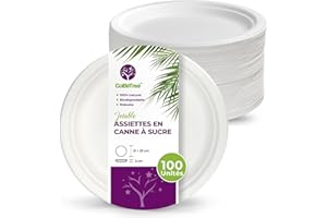 GoBeTree 100 assiettes jetables rondes en bagasse de canne à sucre blanches de 23 cm. Assiettes en papier jetables extra-résistantes, pour camping, pique-niques, fêtes, barbecues, anniversaires