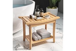 HOCSOK Taboret Bambusowy, ławka do siedzenia, stołek prysznicowy, wodoodporny, antypoślizgowy, 2 poziomy, do domu, łazienki, ogrodu, balkonu, 60 x 33 x 46 cm, meble łazienkowe, kolor