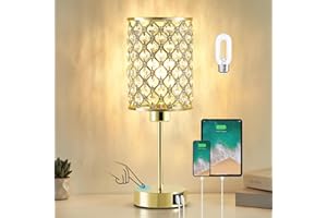 GYROVU Crystal Table Lamp, Gold Touch Lamp for Bedside with USB C+A Ports, 3 Way Dimmable with Crystal Shade for Bedroom, Living Room(Bulb Included)