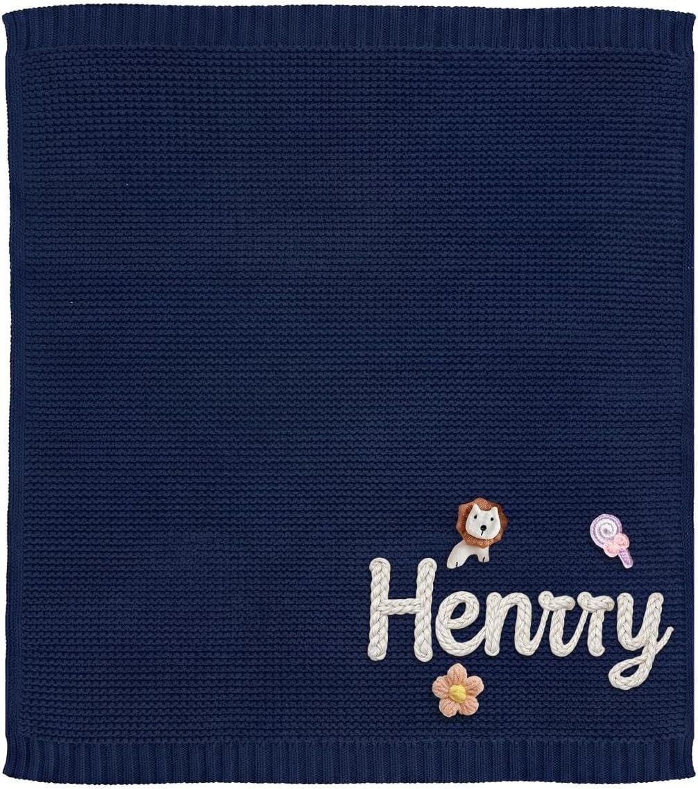 CGFN Personalised Baby Blanket with Name for Newborn Boys & Girls, Pure Knitted Cotton, Unique Christening, Soft Keepsake Blanket 100x80cm (Navy)