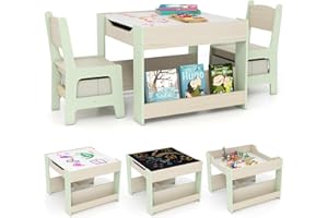 COSTWAY Tavolino Bambini 4 in 1, Set Tavolo e 2 Sedie con Lavagna Rimovibile, Librerie e Scatola in Tessuto, Mobile Salvaspazio per Scuola, Asilo e Cameretta per 3+ Anni (Verde)