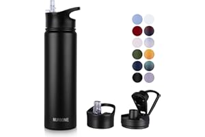 MURBONE Insulated Water Bottle, 750ml Stainless Steel Drink Flask with Straw, BPA Free, 2 Lids (Straw Lid and Spout Lid), Leakproof Double Walled Vacuum Water Bottle, Black