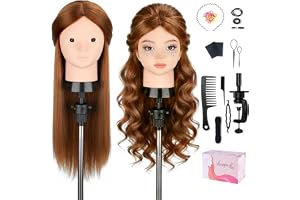 TopDirect Mannequin Head with 80% Human Hair, 23.5" Brown Real Hair Cosmetology Mannequin Head Hair Styling Hairdressing Practice Training Doll Heads with Clamp Holder and Tools