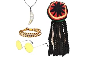 FUIPVGI 4 x Rasta Dreadlocks Hat with Yellow Glasses, Braided Bracelet, Necklace, Reggae Hat, Rasta Hat, Jamaican Dreadlocks Wig, Masquerade Costume Accessory for Cosplay