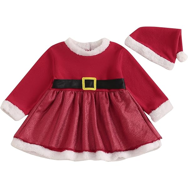 Robe De Noël Bébé Fille - Velours Rouge à étoiles Argentées - Bonnet Père Noël Inclus - Bordure Fausse Fourrure Blanche - Ceinture Noire