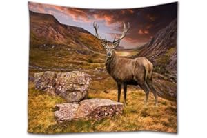 A.Monamour Tapices de Pared Dramático Montaña Puesta De Sol Cielo Nublado Naturaleza Paisaje Ciervo En El Prado Vida Silvestre Temática Animal Tejido Tapiz Tapices Mantel 180x230cm
