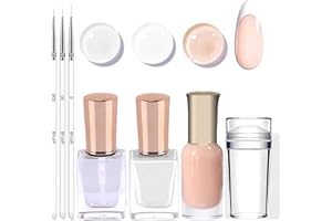 MRCUVARYAS Kit de vernis à ongles français - Vernis à ongles français à séchage rapide avec top coat, tampon à ongles et pinceau fin Nail Art Jelly Nude et blanc pour le design des ongles à la maison, sans lampe