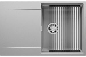 Fregadero Cocina 78 x 50 cm, Fregadero Granito Un Seno + Sifón Clásico + enrollable escurridor, Fregaderoo Empotrado con Escurridor San Francisco 780-50 Level de Primagran, Gris