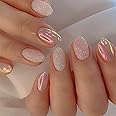 Agasar 24pcs Short Oval False Nails Aurora Stick on Nails Glitter Pink Press on Nails Removable Glue-on Nails Fake Nails Acrylic Full Cover Nails Women Girls Nail Art Accessories