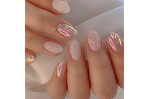 AGASAR 24pcs Short Oval False Nails Aurora Stick on Nails Glitter Pink Press on Nails Removable Glue-on Nails Fake Nails Acrylic Full Cover Nails Women Girls Nail Art Accessories