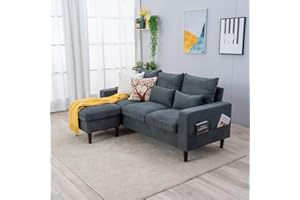 Panana 3 Seater Sofa with Footstool Fabric L Shaped Sofa Corner Sofa Couch Lounge Sofa Left or Right Chaise Settee for Living Room Home Office, Grey