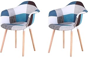 GrandCA HOME Chaise de Salle à Manger Lot de 2 Chaises de Cuisine Rembourrées en Tissu Patchwork, Pieds en Bois de Hêtre Massif, Bleu