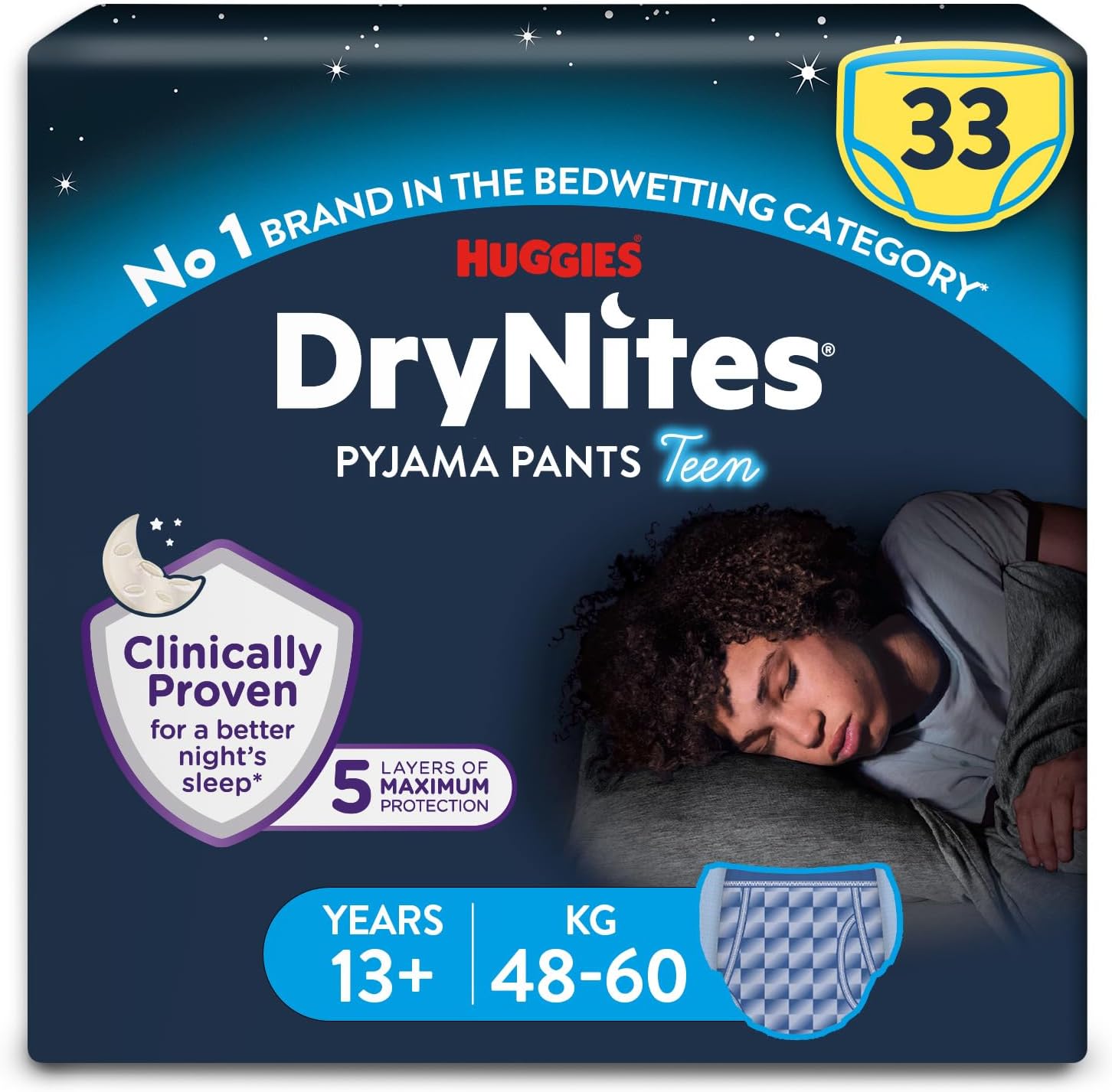 HUGGIES DryNites, Pyjama Pants, Boys 13+ Years (48-60KG), 33 x Bedwetting Pants, Up to 100% Leak Free Nights