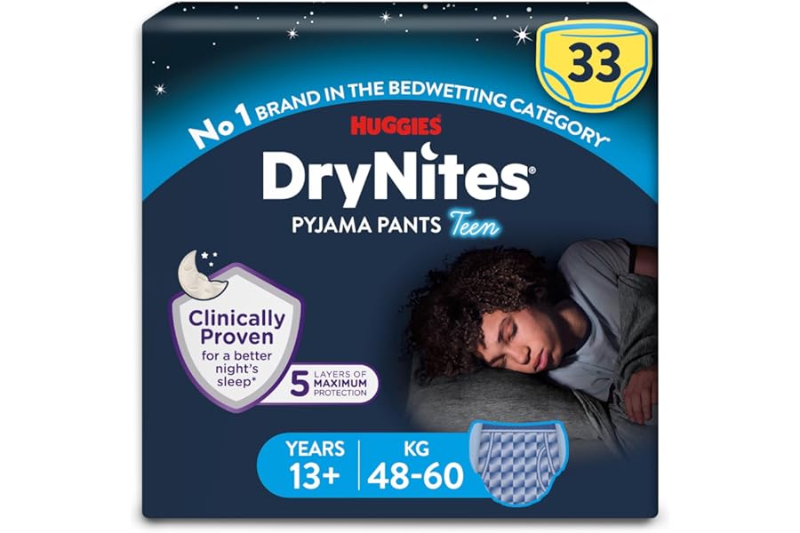 HUGGIES DryNites, Pyjama Pants, Boys 13+ Years (48-60KG), 33 x Bedwetting Pants, Up to 100% Leak Free Nights