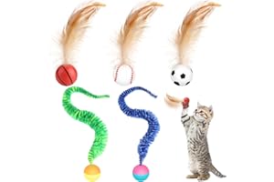 JWOGNGLS 5 sztuk interaktywnych zabawek z lotką dla kotów, piłka z piórem, wysoka elastyczność, interaktywna piłka dla kotów, gumowa interaktywna zabawka dla kotów, sport, pościg