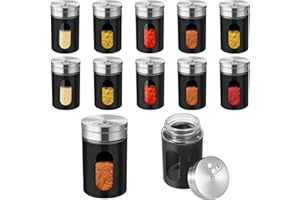 FUNYKICH 12pcs Botes para Especias, 90ml Tarros Especias, Saleros y Pimenteros de Acero Inoxidable con Etiqueta, Colador, Fondo de Vidrio y Agujeros Ajustables para Cocina, Barbacoa, Mesa de Comedor
