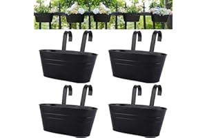 APACALI 4 Pack Metal Hanging Plant Pot, 27cm Balcony Planters for Railing, Over Fence Planters with Detachable Hooks, Hanging Flower Pots for Fence Garden Home Decor, Black