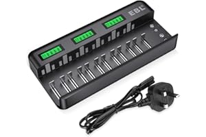 EBL 12+2 Bay LCD Rechargeable Battery Charger for AA AAA C D Ni-MH Ni-CD Rechargeable Batteries & 9V NiMH Ni-CD Li-ion Rechargeable Batteries, with Battery Detection Technology (AC Power Supply)