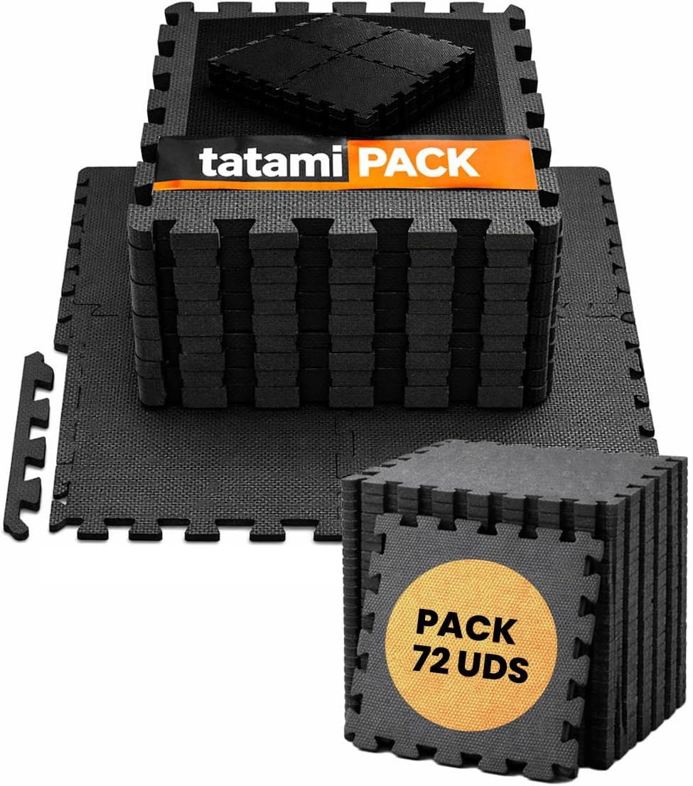 JARDIN202 - Esterilla Puzzle para Suelos de Gimnasio y Fitness | Protección de Goma Espuma, Tatami Puzzle Expandible 30x30cm (10mm) | 72 Uds | 6,48 m² (Negro)